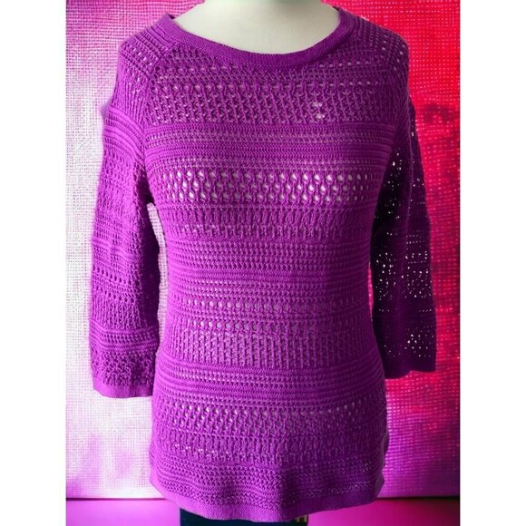 Ann Taylor Loft Petite purple quarter sleeve open knit lightweight sweater PM - Picture 2 of 8